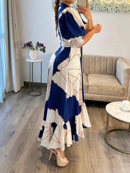 فستان نسائي صيفى طويل مطبوع عليه زهور ، ياقة مطوية لأسفل ، نصف كم ، فضفاض 3