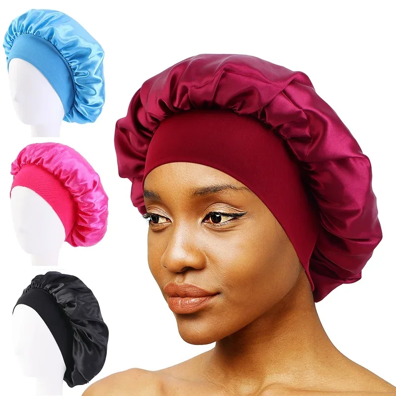 Women's Satin Solid Wide-brimmed Sleeping Hat Unisex Head Wrap Elastic Band Cap Hair Care Bonnet Night sleeping hat