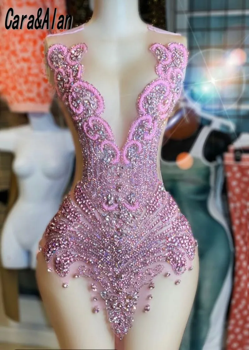 Luxury Pink Rhinestone Cocktail Gowns Black Girls Mini Birthday Party Dress Short Prom Dresses