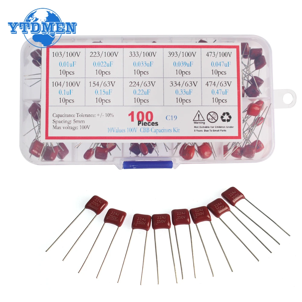 PATIKIL Kit 100 Condensatori In Polipropilene 10nF-470nF - 10 Valori Con Scatola Portaoggetti