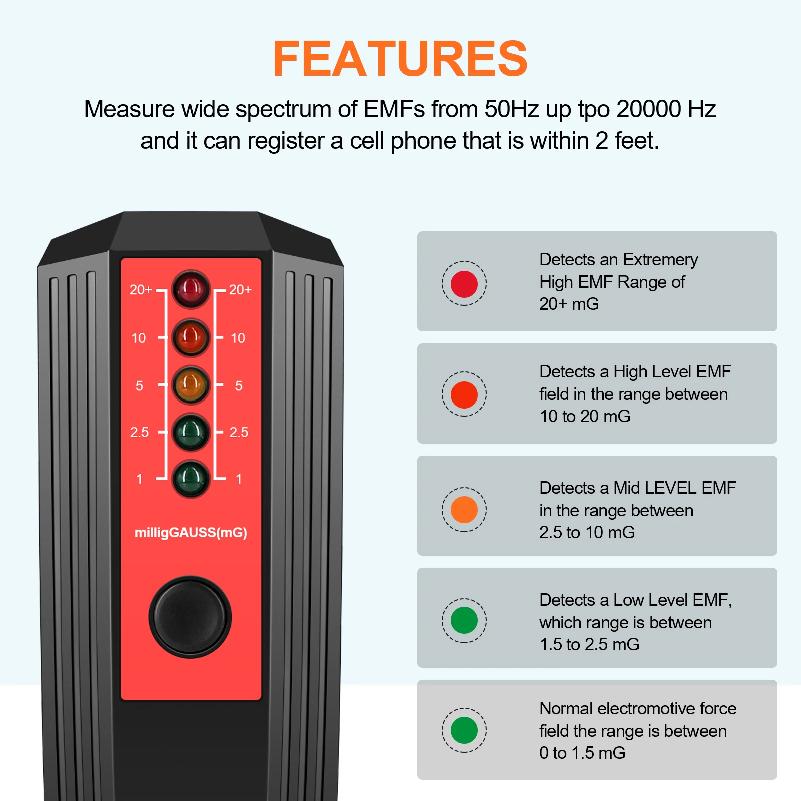 Magnetic Field Strength Meter 50/60Hz Frequency Detector EMF Electromagnetic Radiation Tester Handheld Portable 0~20+ milliGauss