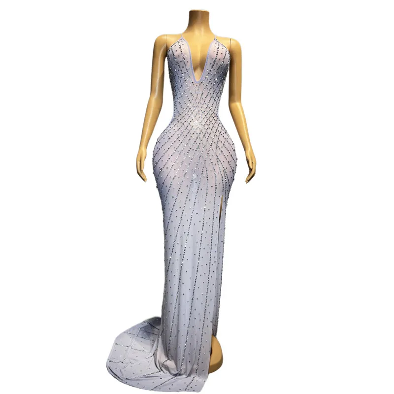 

Bar Singer Concert Evening Party Stage Performance Costume Sexy V-neck Transparent Backless Pink Sling Split Trailing Long Dress