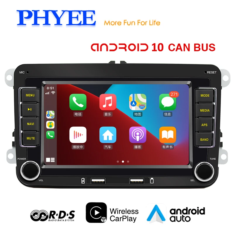 2 Din Автомобильный Android беспроводной Carplay Bluetooth Handsfree Android-Авто RDS GPS радио для Volkswagen