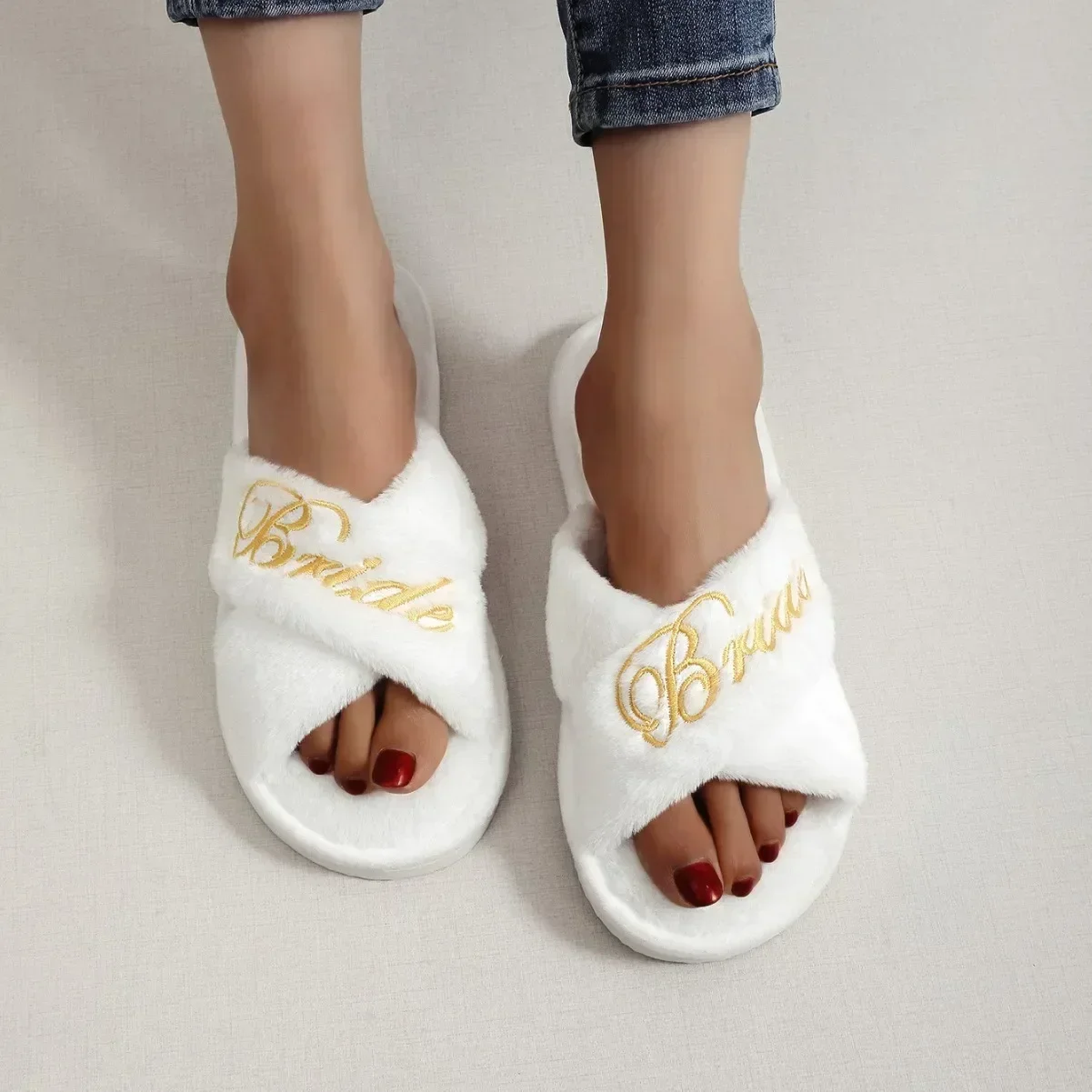 Bride Embroidered Plush Slippers Wedding Supplies Women Honeymoon Shoes Creative Bridesmaid Romantic Gifts Wedding Photo Props 2