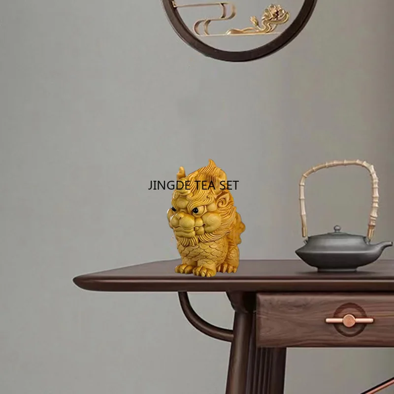 3.8x2.5x4.8cm Solid Wood Carving Auspicious Qilin Small Statue Chinese Exorcism Divine Beast Home Art Crafts