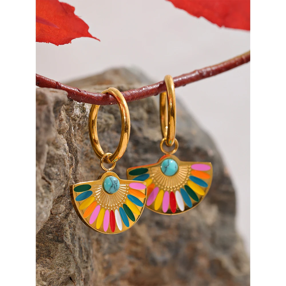 Yhpup Y2K Colorful Enamel Stainless Steel Fan Geometric Bohemian Rainbow Drop Hoop Earrings Women Trendy Fashion Charm Jewelry - Image 3