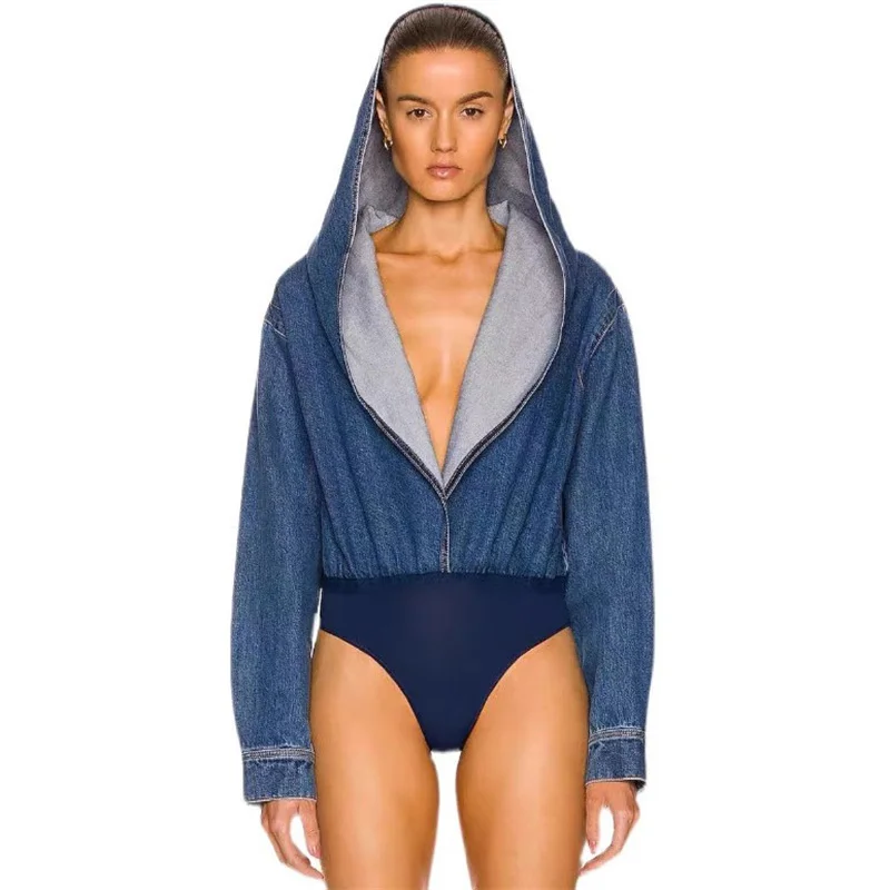 

Jackets for women Spring 2024 new in outerwears Hooded Denim jacket pure cotton long sleeved top Lace splicing coat y2k bodysuit