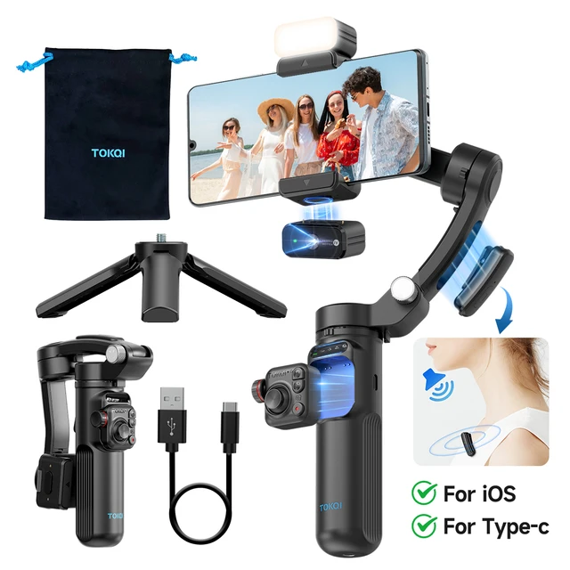 AI Face Tracking 3-Axis Gimbal Stabilizer with Wireless Mic, Magnetic Light, Detachable Remote, for iPhone Android Vlog Video