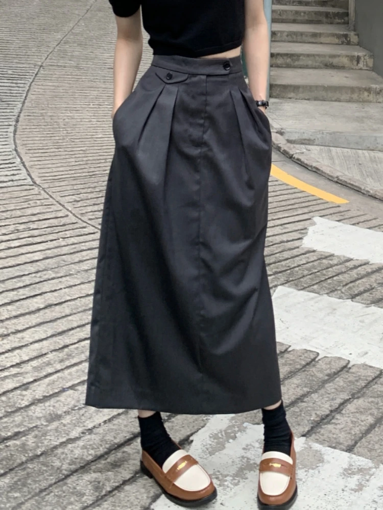 

Qiukichonson Grey Midi Long Skirts Womens Pleated Skirt 2023 Spring Summer Korean Goth Vintage High Waist Back Jag Skirts rok