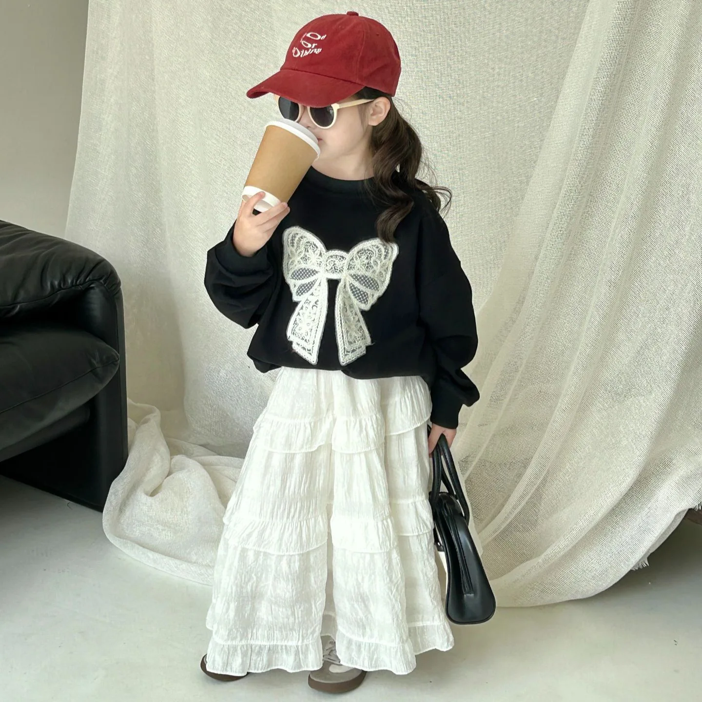 

Spring 2024 Young Baby Girls Two-piece Clothes Set Knotbow Lace Sweatshirt Suits Cotton Solid Bilayer Skirt Toddler Girl Outfits