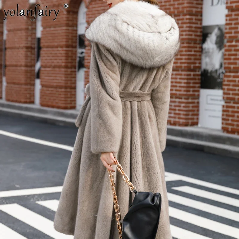 

Real Fur Coat Women's Whole Mink Long Knee Over Big Fox Fur Collar Mink Fur Hooded Lace Up Jacket Abrigos Mujer Invierno 2023 FC