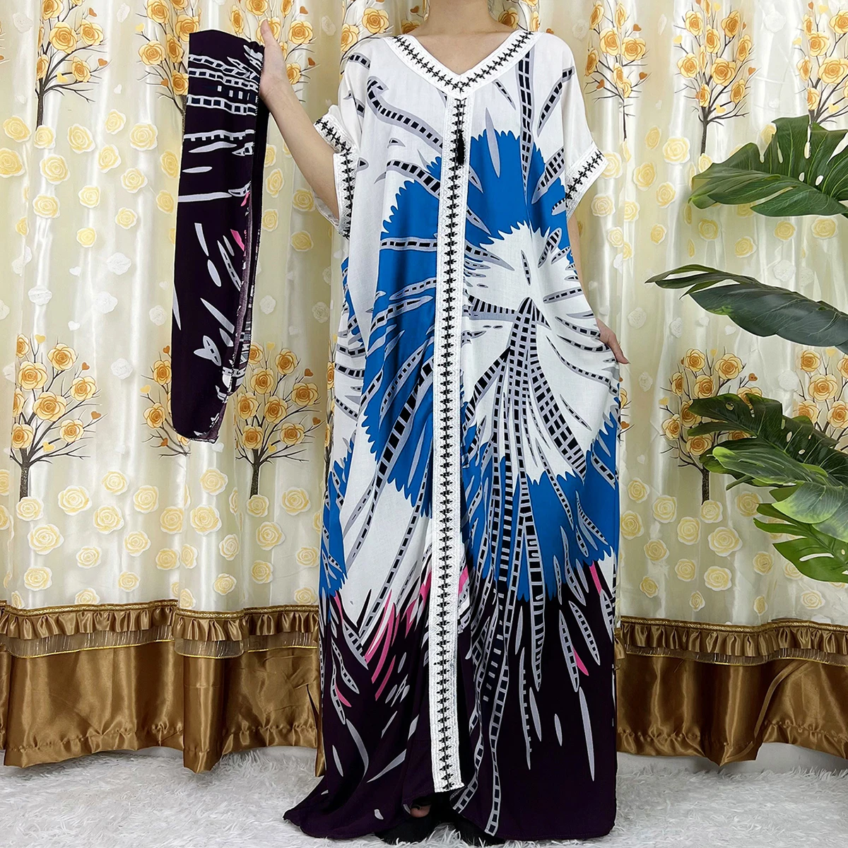 African Style Short Sleeve African Abaya Dashiki Floral Print Pitch Color Cotton Caftan Lady Summer Maxi Casual Dresses Vestidos