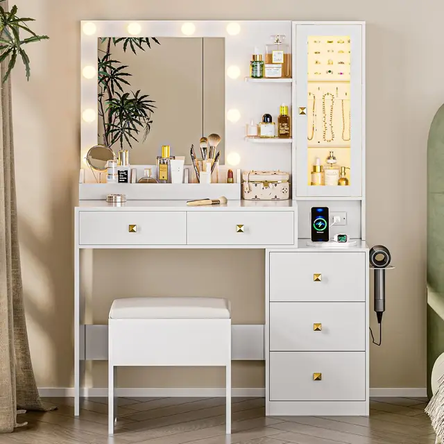 Vanity Desk with Mirror and Lights, White Makeup Vanity with 5 Drawers Hidden Jewelry Organizer& LED Glass Cabinet
