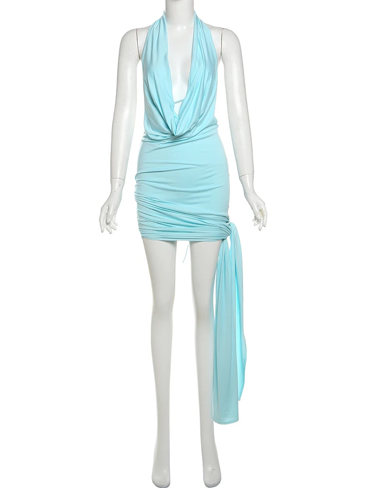 Nibber Fashion Side Split Sexy Dress Women Multilayer Knot Ribbon Halter Swing Collar Backless Sleeveless 2 Ways Wear Bodycon