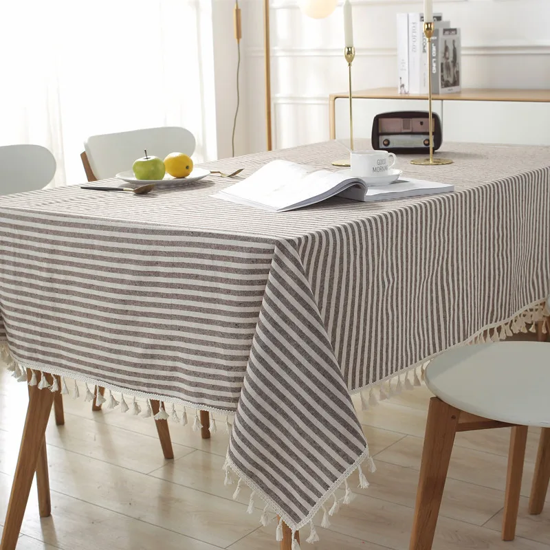 thumbnail image 1 of CFen-Mantel rectangular de algodón y lino con estampado A rayas, cubierta de mesa con borlas para el hogar, cocina, banquete, 1 unidad, 1 of 5