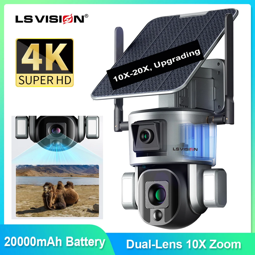 LS VISION 4K 8MP Dual Lens Solar Camera 20X Zoom 4G SIM/WIFI Security Outdoor Camera Humanoid Tracking Color Night Vision Cam 1