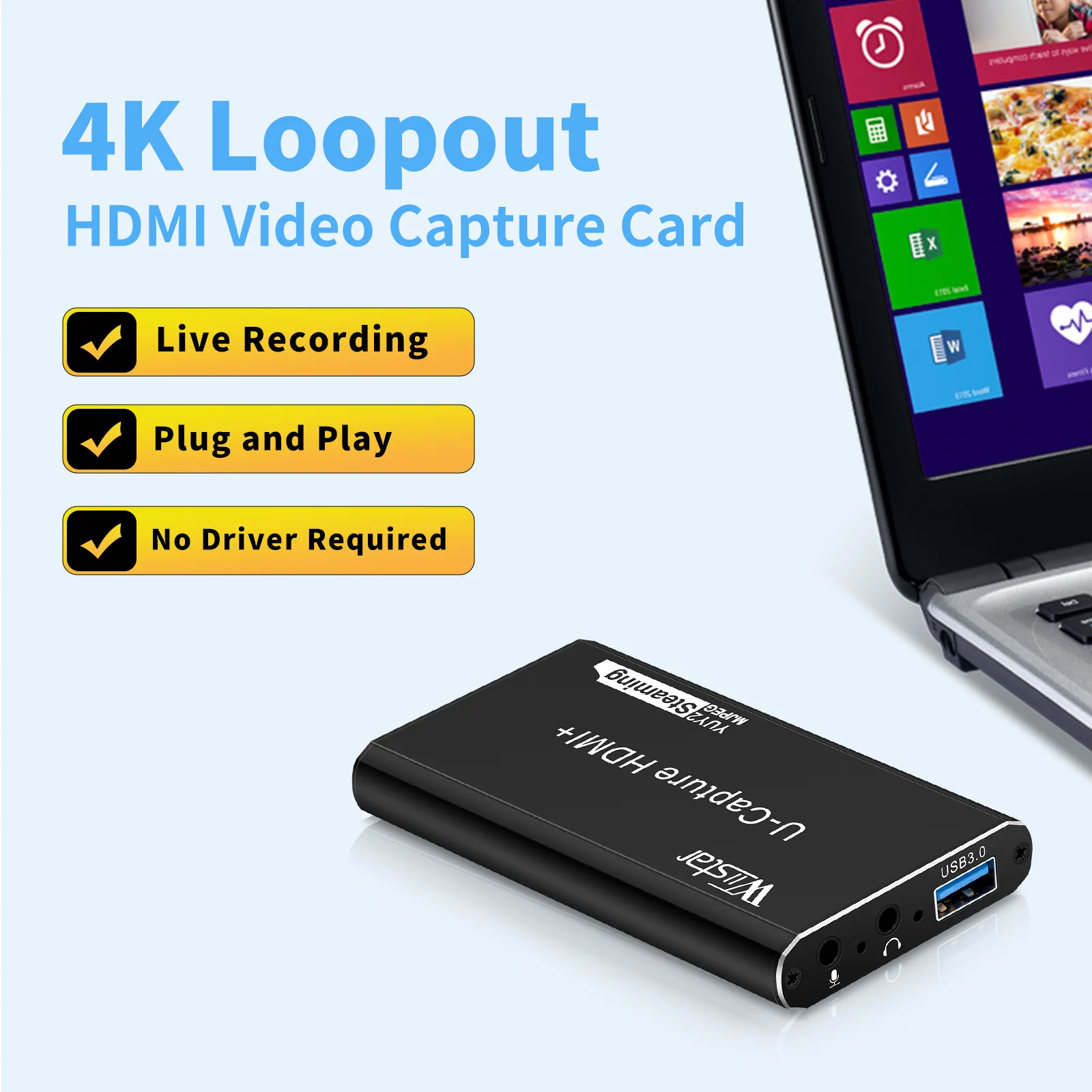 USB3.0 HDMI Video Capture Card Video Capture Card 1080P@60Hz HDMI Loopout 4K30Hz Game Recording Live Streaming USB3.0 Video Grabber for PS4 Camera