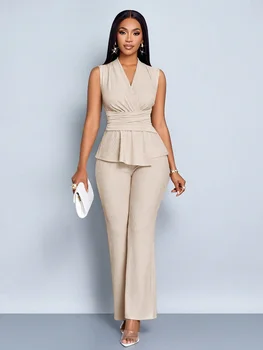 Women's Apricot Elegant V-Neck Vest and Wide-Leg Pants Two-Piece Set 1