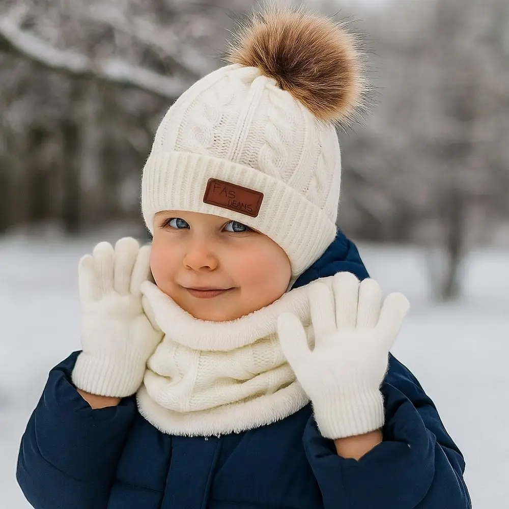 3pcs/set Infant Accessories Solid Color Baby Hat Scarf Gloves Set Cute Pompom Comfortable Knitted Hats Warmer Hat Set Outdoor