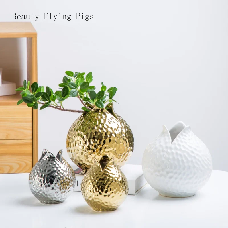 1pcs Ceramic Vase Golden Modern Home Decoration Porcelain Vase Flower  Pomegranate Shape Decoration Vase Decor Home Decor 2