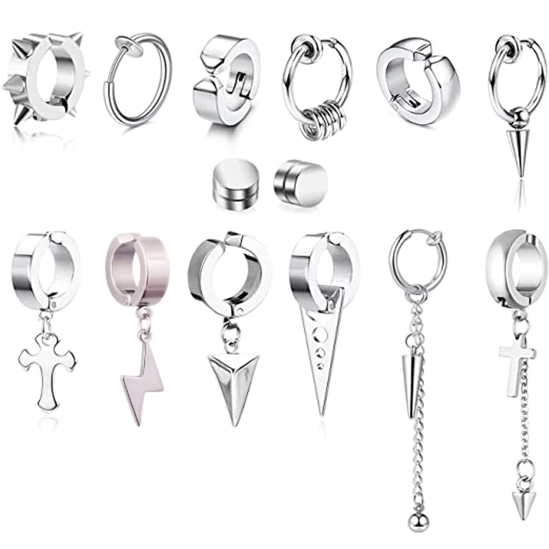 

14 Pcs Steel Stainless Steel Non-Piercing Spike Rivet Cross Dangle Tassel Clip on Hoop Earrings Set for Women Men Boy Girl