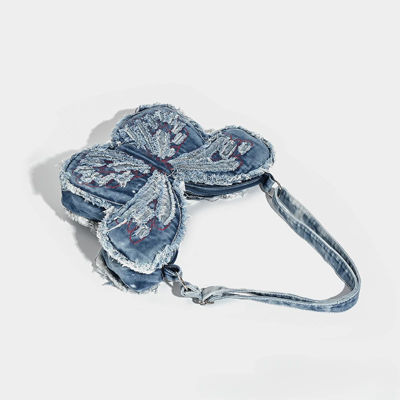 Women's Unique Design Washed Denim Bag with Butterfly Shaped Punk Style Shoulder Crossbody Backpack