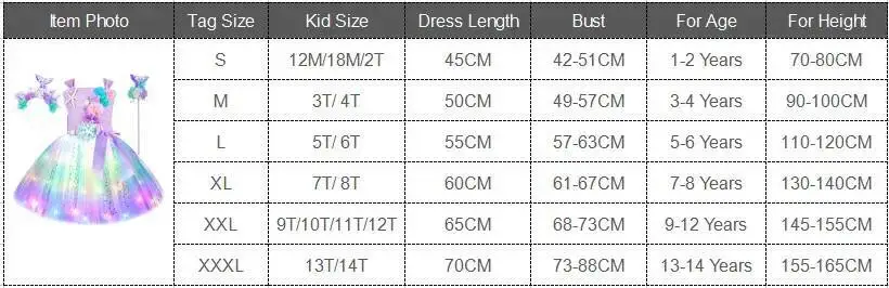 Original LED mermaid dress size chart