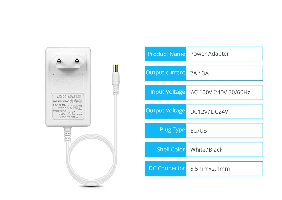 Description Picture 3 of itemDC 24V 2A 3A Power Supply Adaptateur Universel AC 100-240V EU/US Universal Power Adapter For LED Lights Driver 5.5x2.1mm