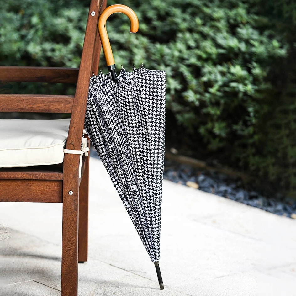 

16K Wooden Umbrella for Women Men Houndstooth Japanese Long Umbrella Windproof Strong Golf Travel Big Umbrellas Free Shipping