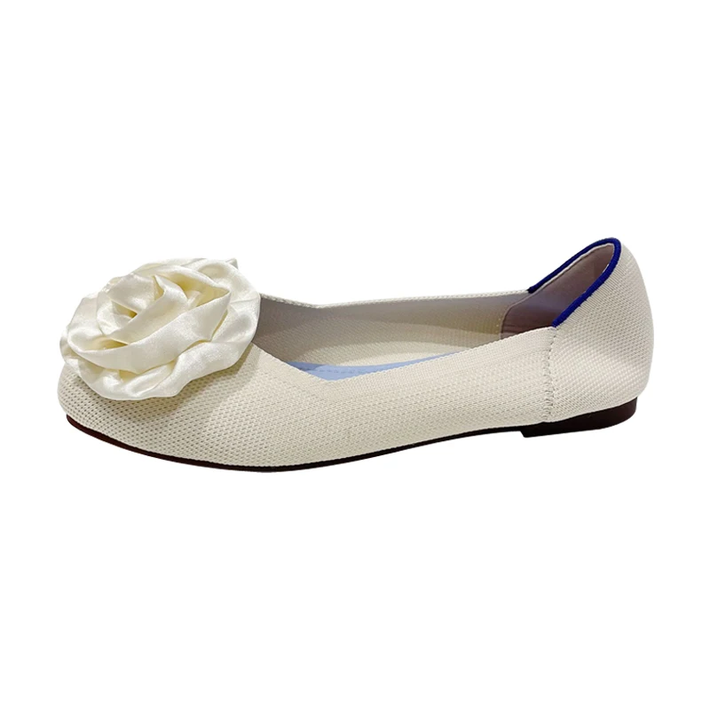 ZOOKERLIN Spring Autumn Flats Shoes For Women Solid Color Knitted Breathable Rubber Non Slip Sole Latex Insole Work Shoes Flower