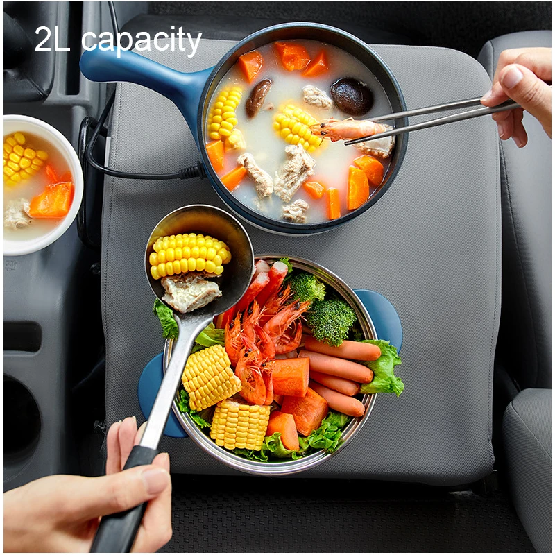 2L Travel 12V 24V Car Truck Multifunction Electric Cooking Skillet Double Layer Hot Pot Soup Heater Rice Cooker Food Steamer Pan 4