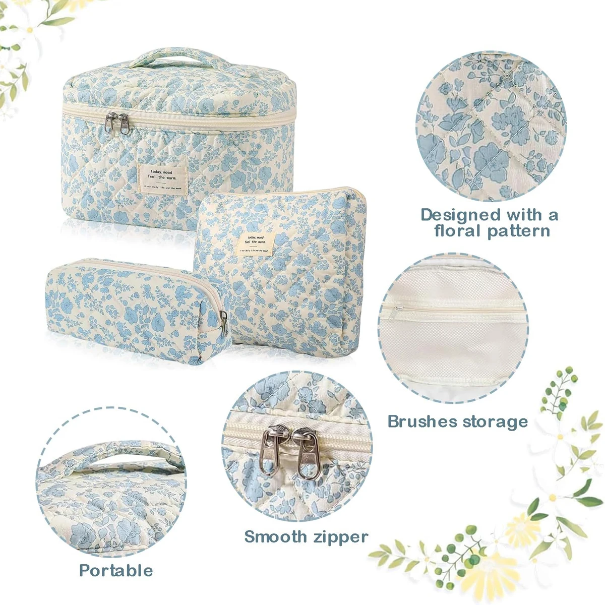 YANZAI 3 Pcs Cotton Quilted Makeup Bag Set, Floral Cotton Cosmetic Bag, Aesthetic Women's Large Capacity Toiletry Organizer 6