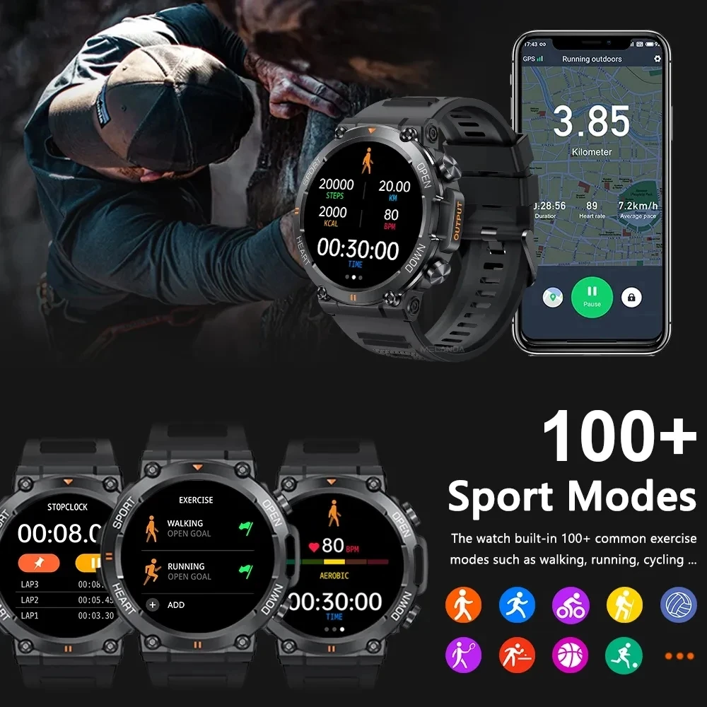 남성용 견고한 밀리터리 스마트 워치, AMOLED 100 + 스포츠 시계, BT 통화 방수, 오리지널 스마트워치, 2024