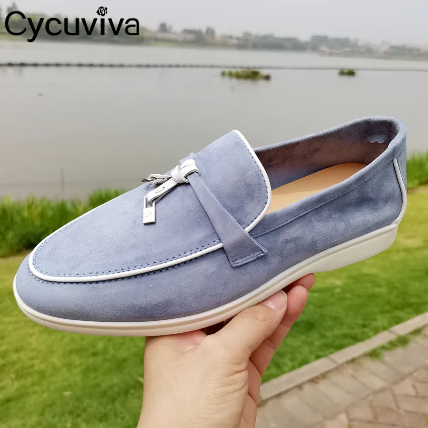 

Hot Sale Women's Flat Loafers Kid Suede Mules Summer Walk Casual Shoes Lasies White Sweing Line Decor Outwear Shoes Woman