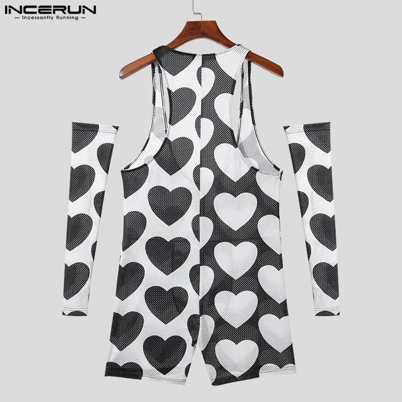 INCERUN 2023 Sexy Men's Bodysuits Love Printing Sleeve Design Jumpsuits Fahsionable Homewear Flat angle Sleeveless Rompers S-3XL