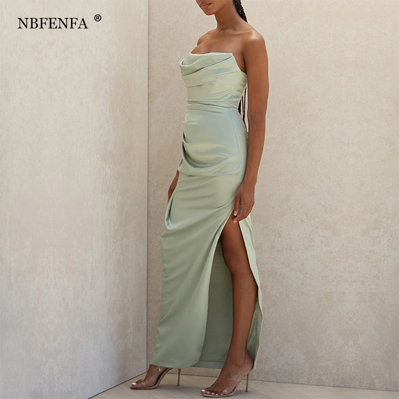 

Women's Sexy Satin Lace Up Strapless High Slit Maxi Slip Sexy Vegas Dress Elegant Dresses For Evening Party Prom Wedding