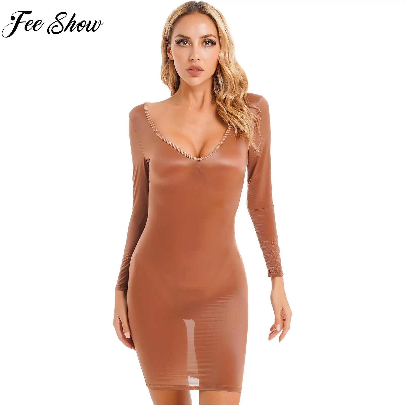 

Sexy Lingerie Exotic Dresses Women Glossy Semi See Through Mini Dresses Long Sleeve V Neck Bodycon Dress with G-string Nightwear