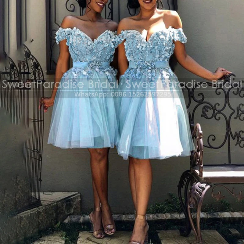 

Floral Appliques Beaded Bridesmaid Dresses Off Shoulder Fluffy A Line Light Blue Tulle Short Wedding Party Dress