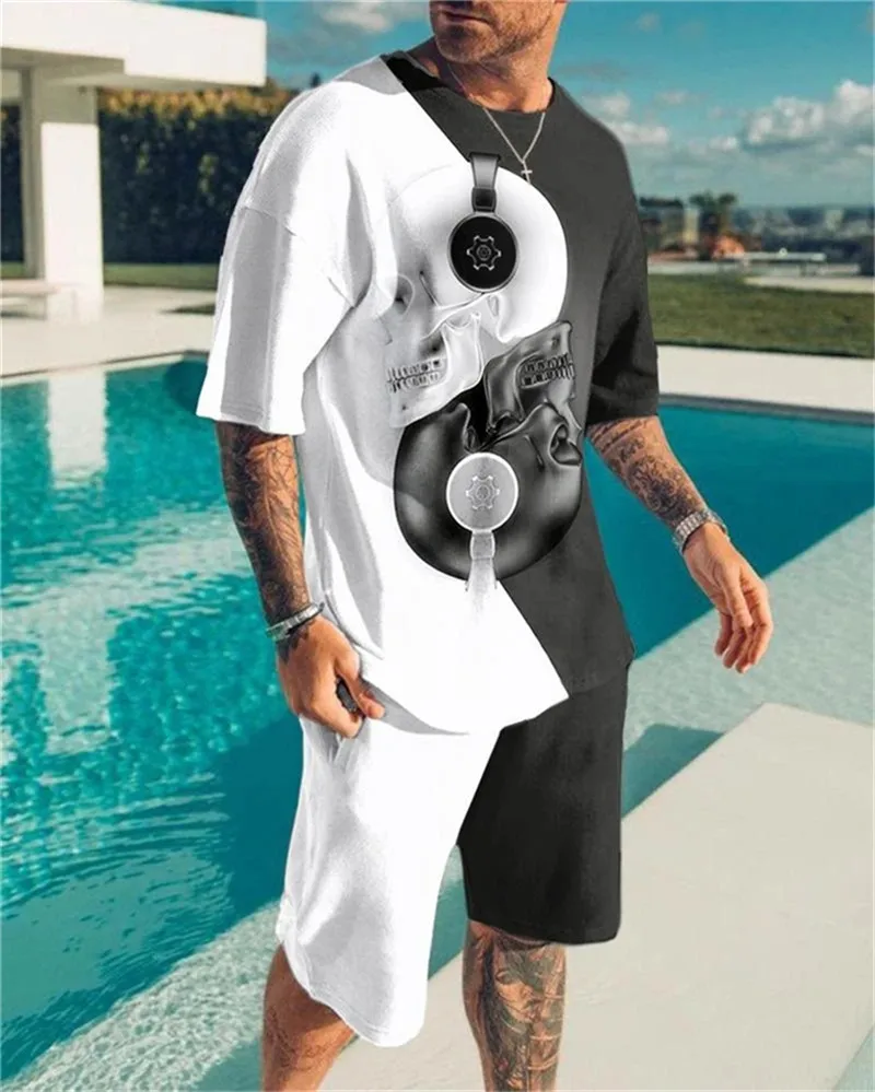 Summer New Fashion Tracksuit For Men Short Sleeve T Shirt Shorts 2 Piece Set Outfits Casual Trendy Sportwear Oversized Clothes