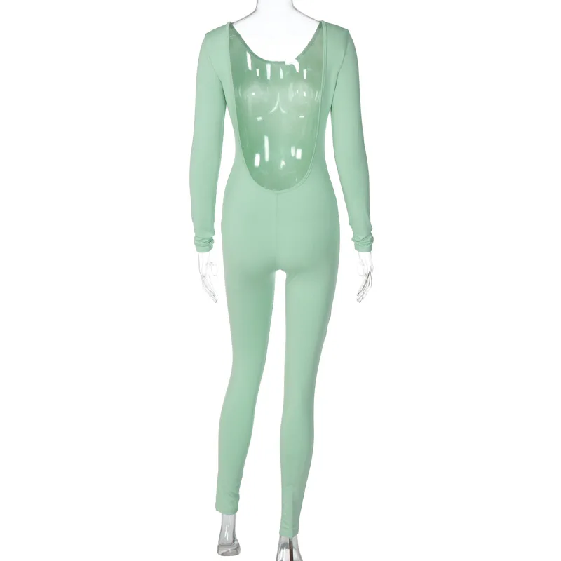 Fitness Women Skinny Jumpsuits Plain Solid Color Open Back Long Sleeve Rompers 2023 Fall Winter Sexy Night Club Party One Piece