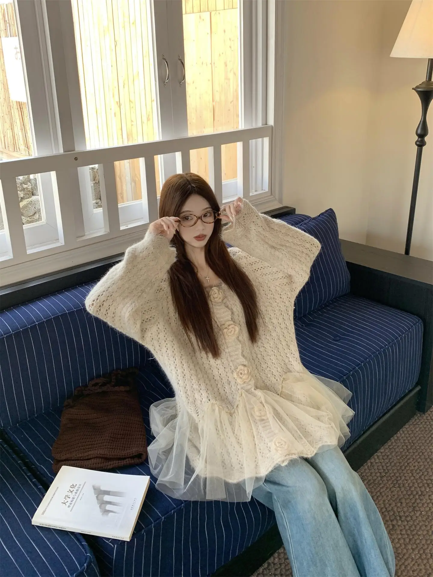 3D Floral Mesh Splicing Knitted Sweater Coat Women's Spring New Mid-Length Casual Top V-neck Long Sleeve Button Closure
