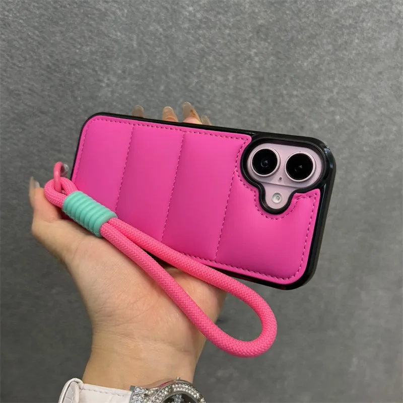 Luxurious Wrist Strap Down Jacket Phone Case with Lanyard Cover