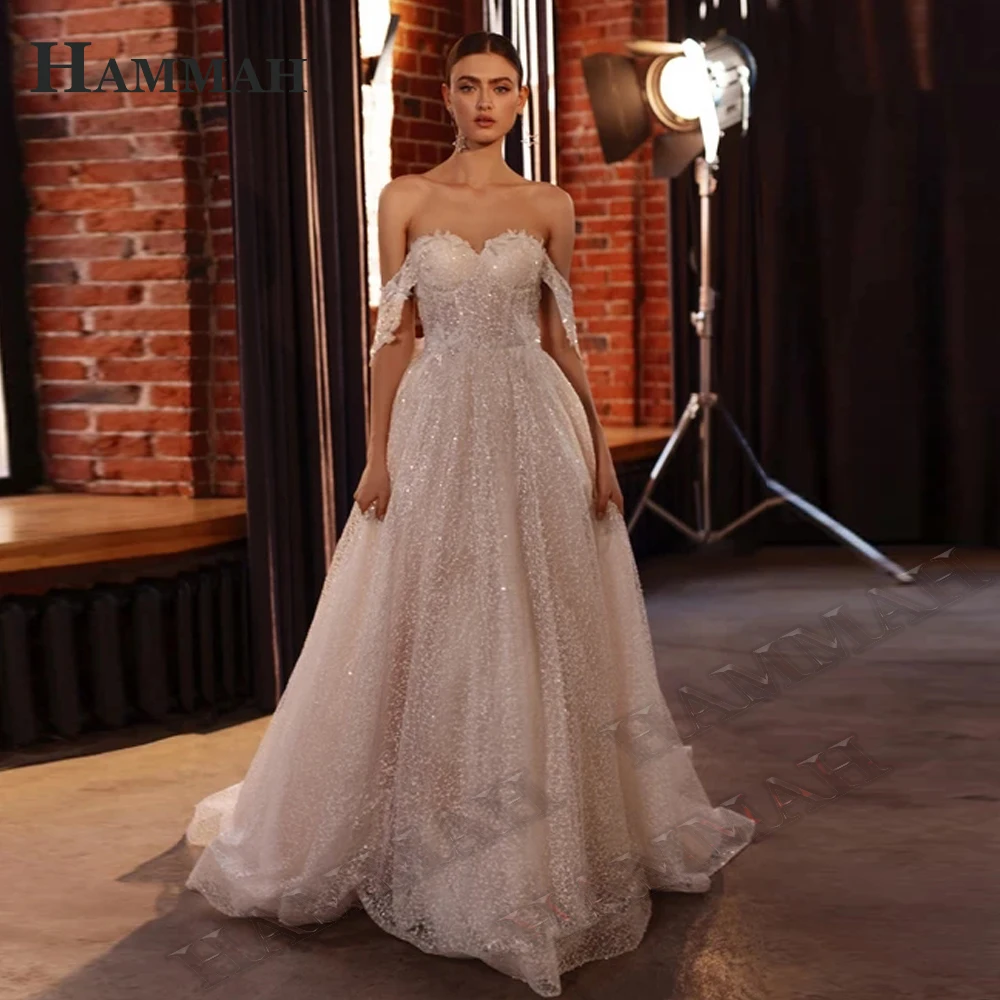 

HAMMAH Bling Tulle Wedding Dress For Bride Sweetheart Off The Shoulder Modern A Line Lacing Up Court Train Vestidos De Novia