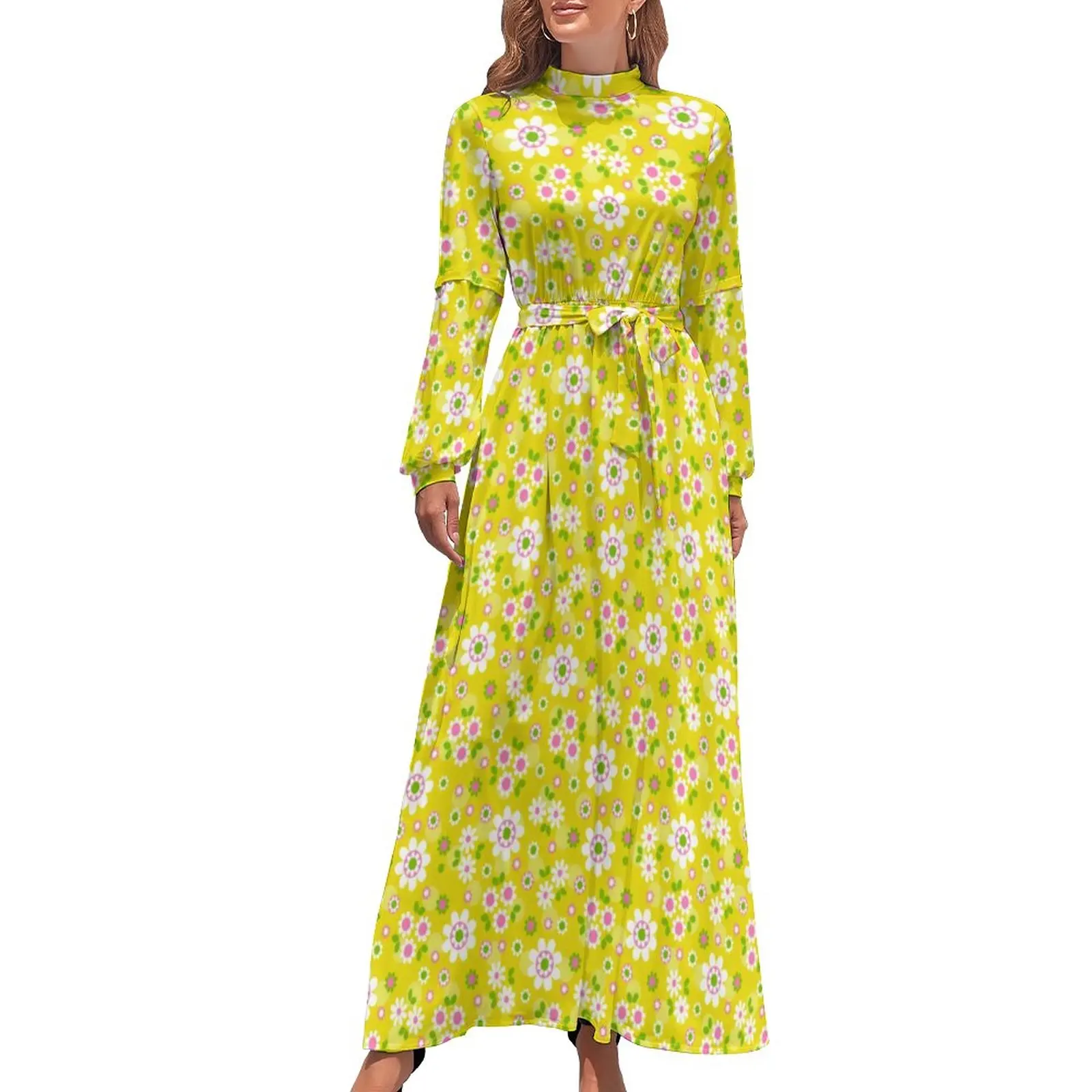 

Retro Mod Dress High Waist Flowers Yellow Print Custom Beach Dresses Long-Sleeve Street Fashion Long Maxi Dress Sexy Vestidos