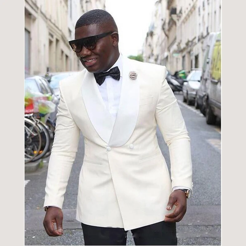 New Style Shawl Lapel Double Breasted Cool White Wedding Groom Tuxedos Men Suit Wedding Prom Dinner Best Man Blazer(Jacket+Pant)