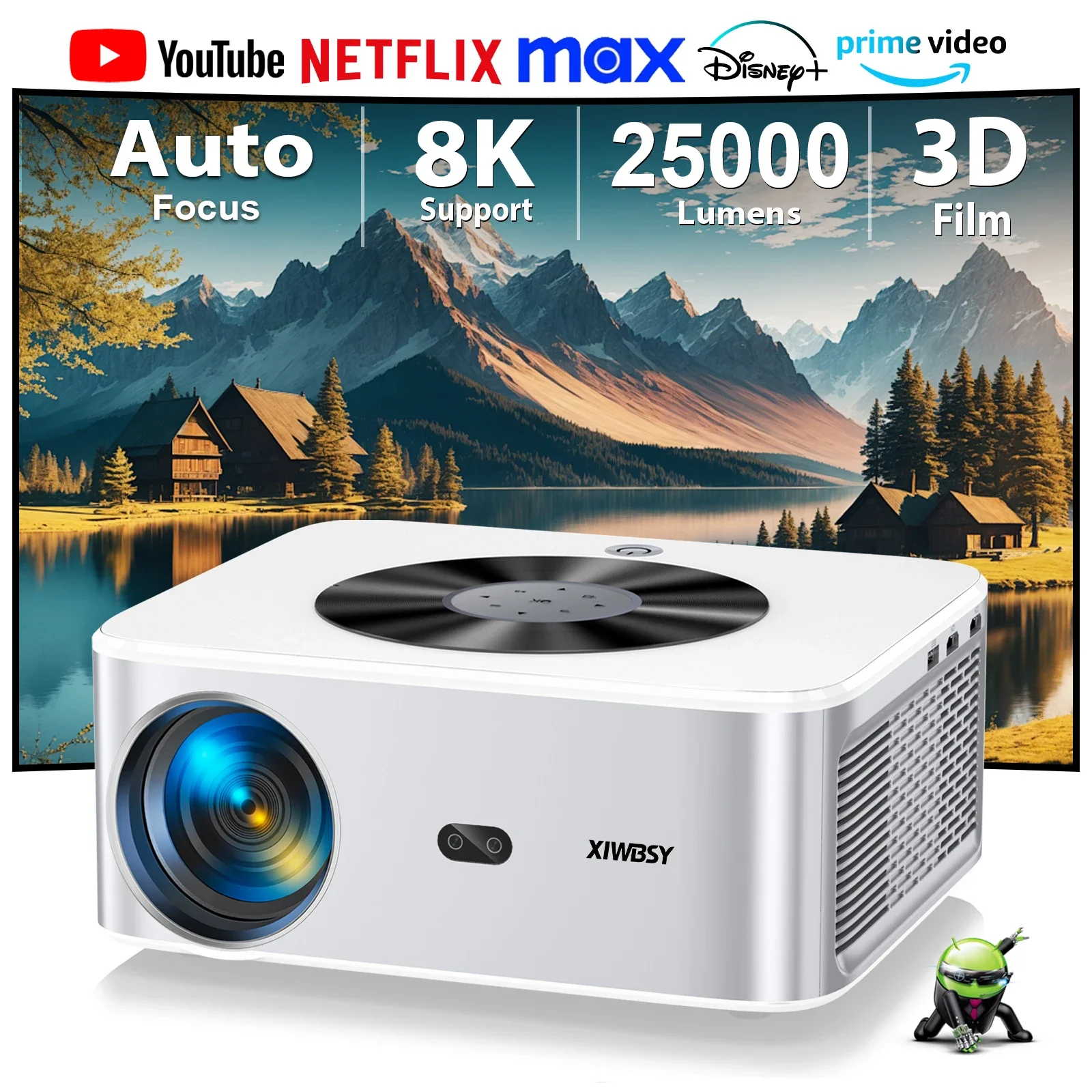 XIWBSY Android Projector 4k 25000Lumens 800ANSI Full HD Auto Focus/Keystone Projector LED Home Theater Cinema Beamer Proyectores android projector