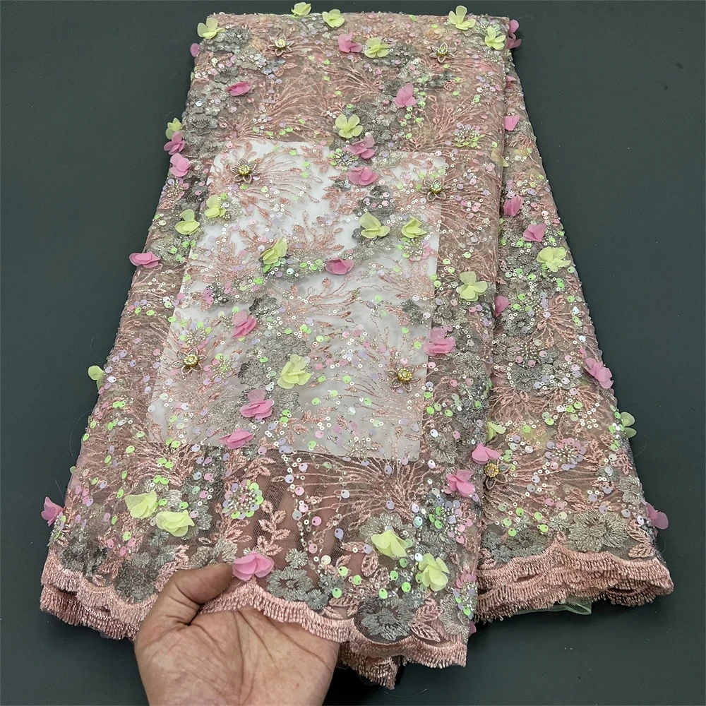 

African Fabrics By The Meters Hand Embroidery Tulle 5 Yards Lace Mesh Sequins Dubai Beaded Fabric Party Dresses For Women Sewing