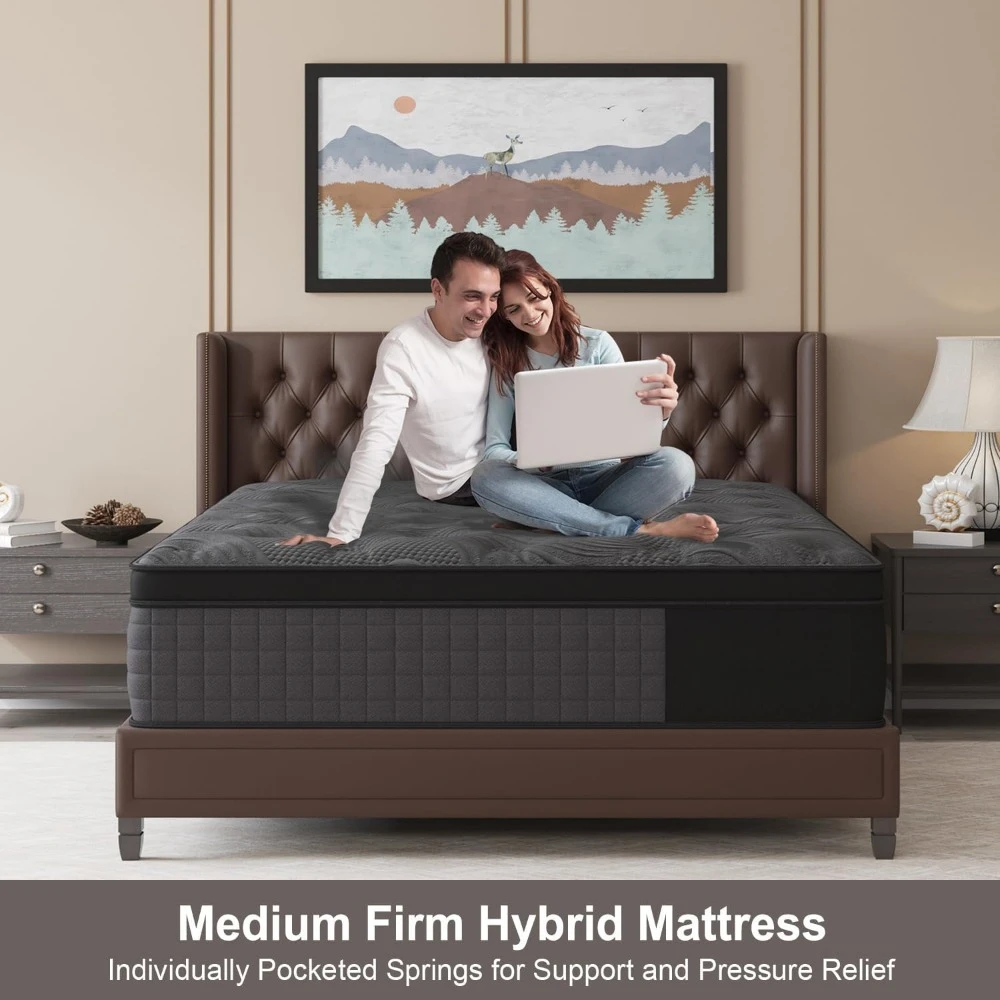 Queen Mattress, 14 Inch Hybrid Mattress with Gel Memory Foam and Individually Pocket Innerspring Euro Top Mattresses Medium Firm 2