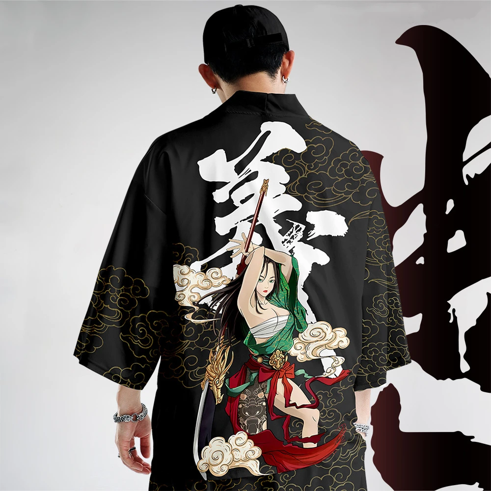 Summer Black Print Men's Kimono Top Set Loose Kimono Casual Fashion Jacket and Pants Japanese Casual Cropped Pants Oversized 6Xl