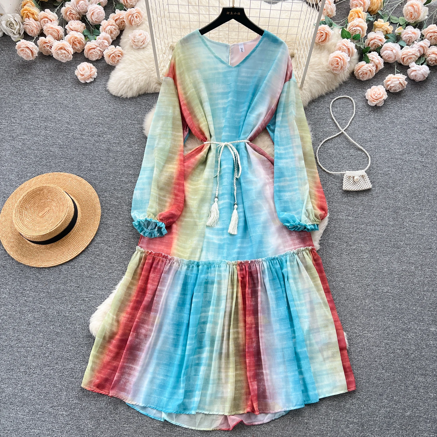 

New Fashion Dyeing Print A-line Dress Women Loose Slim Elegant Long Sleeve Casual Clothes Vestidos De Verano Mujer L445
